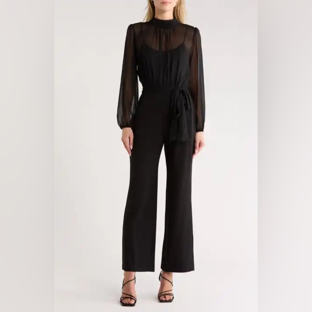 JULIA JORDAN VELVET POLKA DOT MESH BLACK JUMPSUIT size 8 pockets